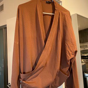 Men's Oversized Brown Long Sleeve Jersey Wrap Shirt